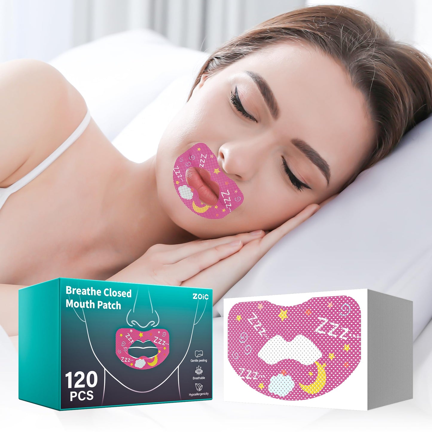 120pcs Mouth Breathing Correction Patch, Children's Closed Mouth Patch, Adult Anti-snoring, Closed Mouth Patch, Improve Mouth Breathing Facial Problems (Pink, 120pcs-Ages 16+)