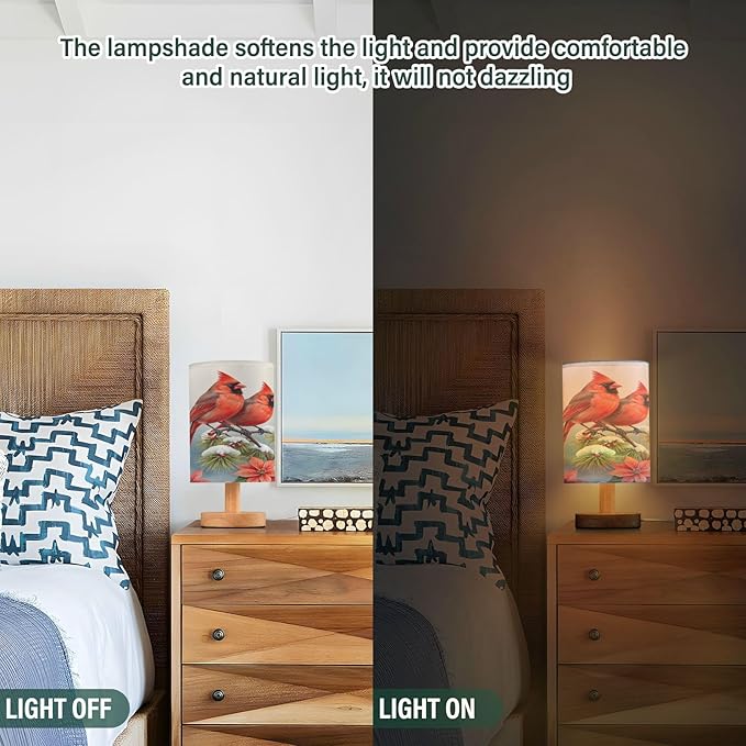 Christmas Flowers Winter Cardinals Table Lamp Bedroom Bedside Night Reading Desk Lamps Cylinder Nightstand Sleeping Light Lamp for Xmas Party Living Room Office Decor