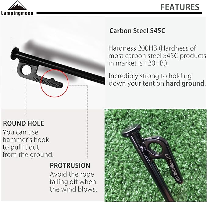 CAMPINGMOON 8pcs Carbon Steel S45C Black Coating Tent Stake for Hard Ground (【11.81-inch 8pcs set】)