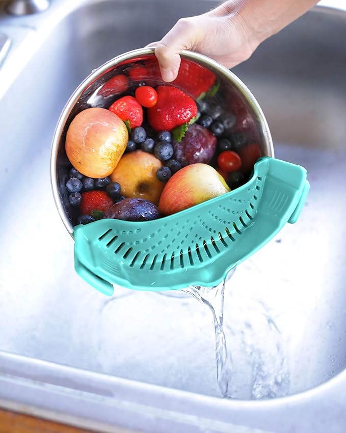 Clip On Kitchen Food Strainer for Spaghetti, Meat, Pasta, & Ground Beef Grease, Colander & Sieve Snaps or Clips Onto Bowls, Pots & Pans Includes Silicone Drainer, Brush & Garlic Peeler (Aqua)