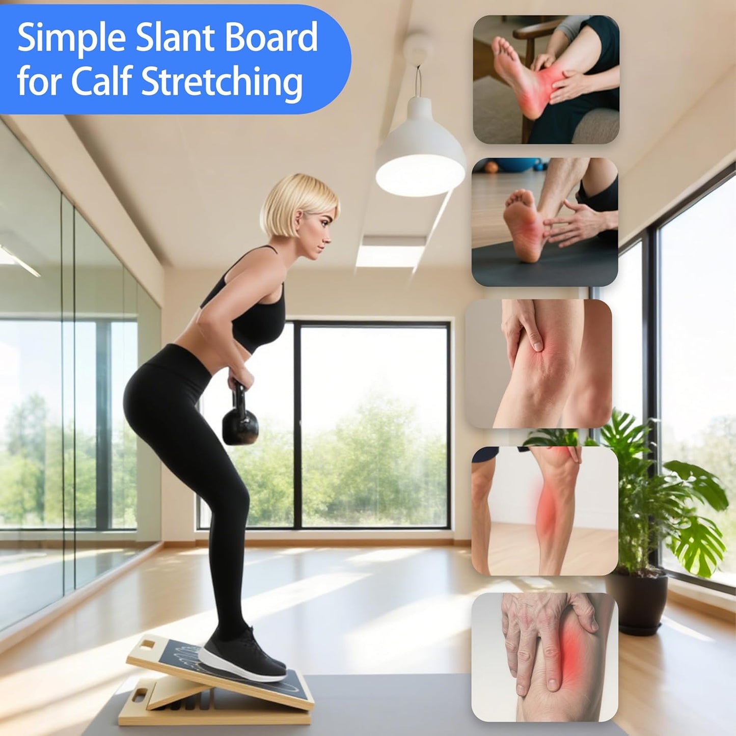 Slant Board for Calf Stretching, 6 Adjustable Angles Portable Wooden Incline Board, Calf Stretcher & Squat Wedge for Physical Therapy, Knees, Feet, Leg, Ankle, Heel, with Training Poster