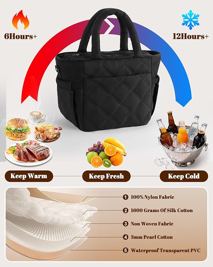 Insulated Lunch Box for Women Men, Soft & Puffy Lunch Bag, Large Capacity Leakproof Reusable Tote Cooler Bag with 4 Pockets, Adjustable Strap, Ideal for Work, Outdoors, Picnic, Travel (Black)