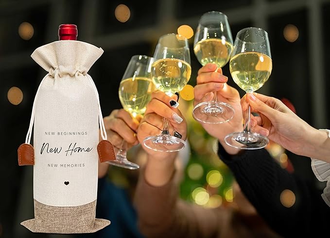 Housewarming Gifts Wine Bag, First New Home House Homeowner Gift, Cotton Linen Wine Gift Bag With Drawstring, Client Gift From Realtors, Sweet Home Congrats Gift for Women Men Wife Husband-17