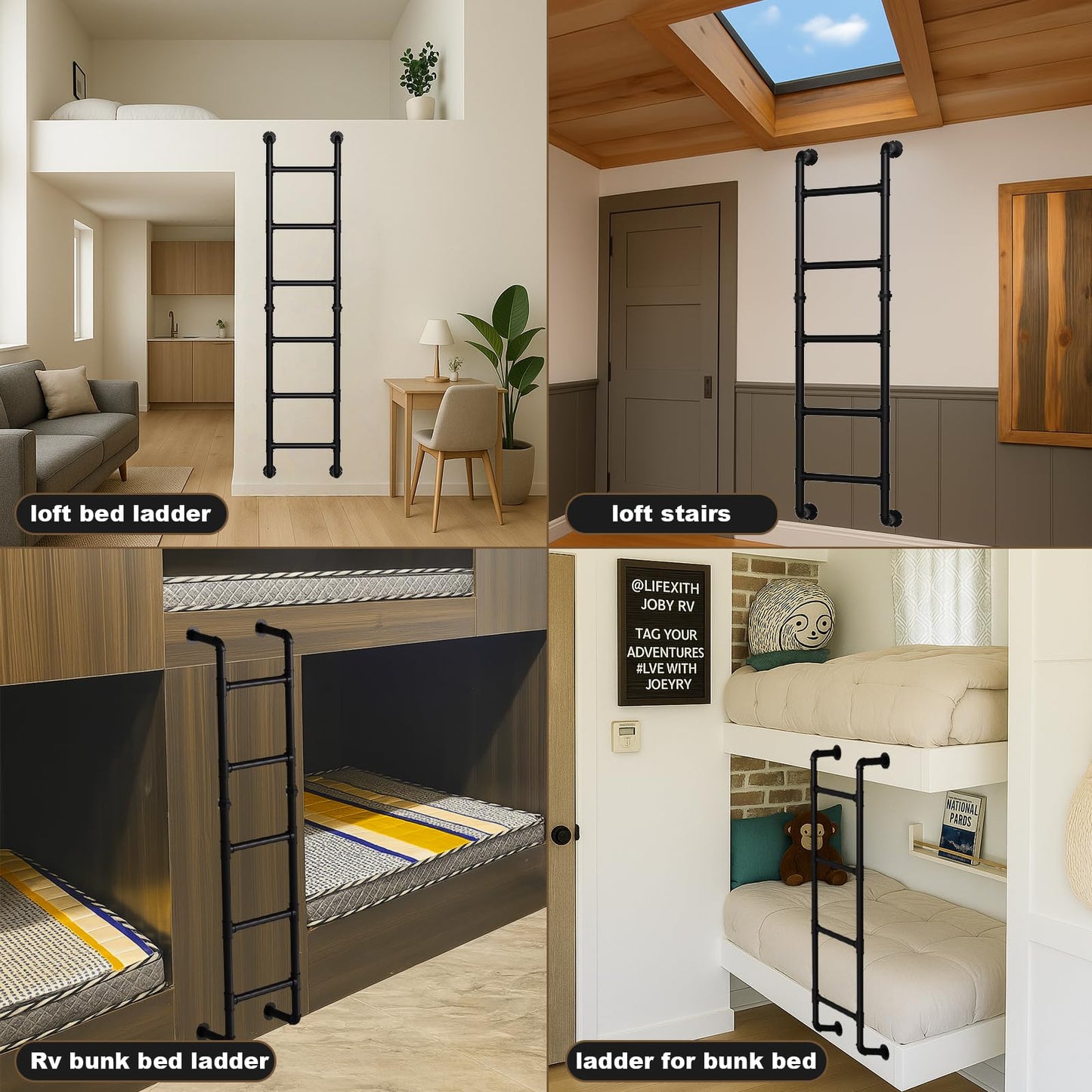 3/4/5/6/7/8FT Black Wall Mounted Steel Ladder, 5-Step Egress Ladder for Window Well, Loft, Bunk Bed, Camper, RV | Floor/Wall Mounted Indoor Safety Climb for Bedroom, Basement, Gym, Dorm & Small Spaces
