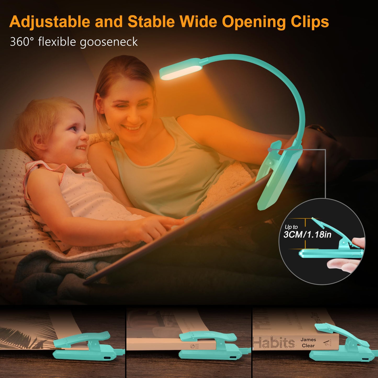 Gritin 16 LED Book Light - Rechargeable, 3 Color Temperatures, Stepless Dimming, Flexible Clip, Blue, Model G1331