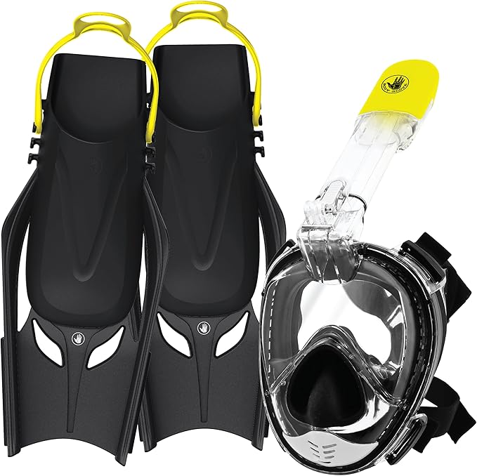 Body Glove - Free Breathing Snorkel Full FACE MASK Set-with FINS-Travel Bag-Anti Fog-Anti Leak-Panoramic View-Camera Moun...