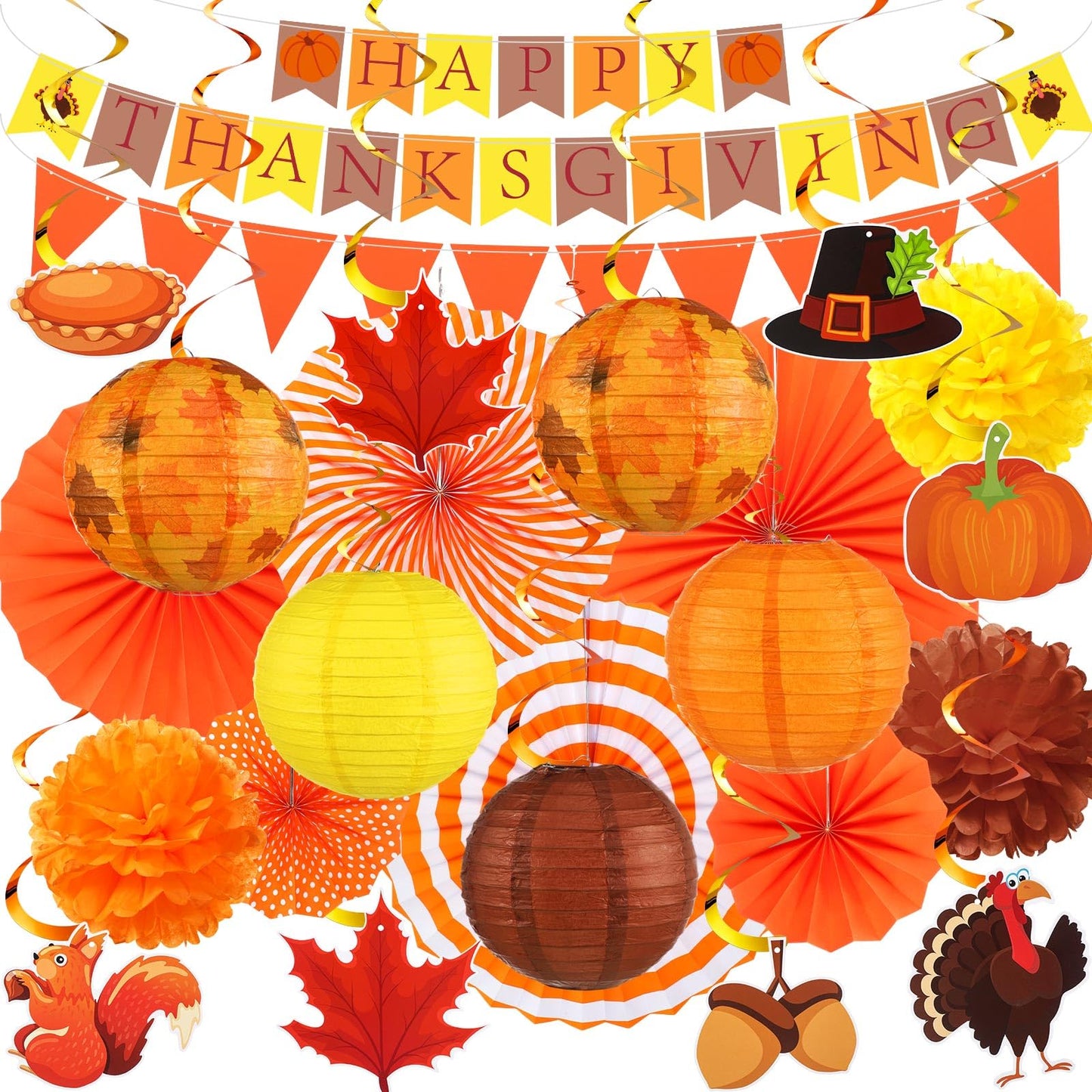 Motiskyy 28 Pcs Thanksgiving Party Decoration Include Happy Thanksgiving Banner Autumn Paper Lanterns Pom Pom Hanging Fans Bunting Garland Swirl Streamers For Fall Harvest Birthday
