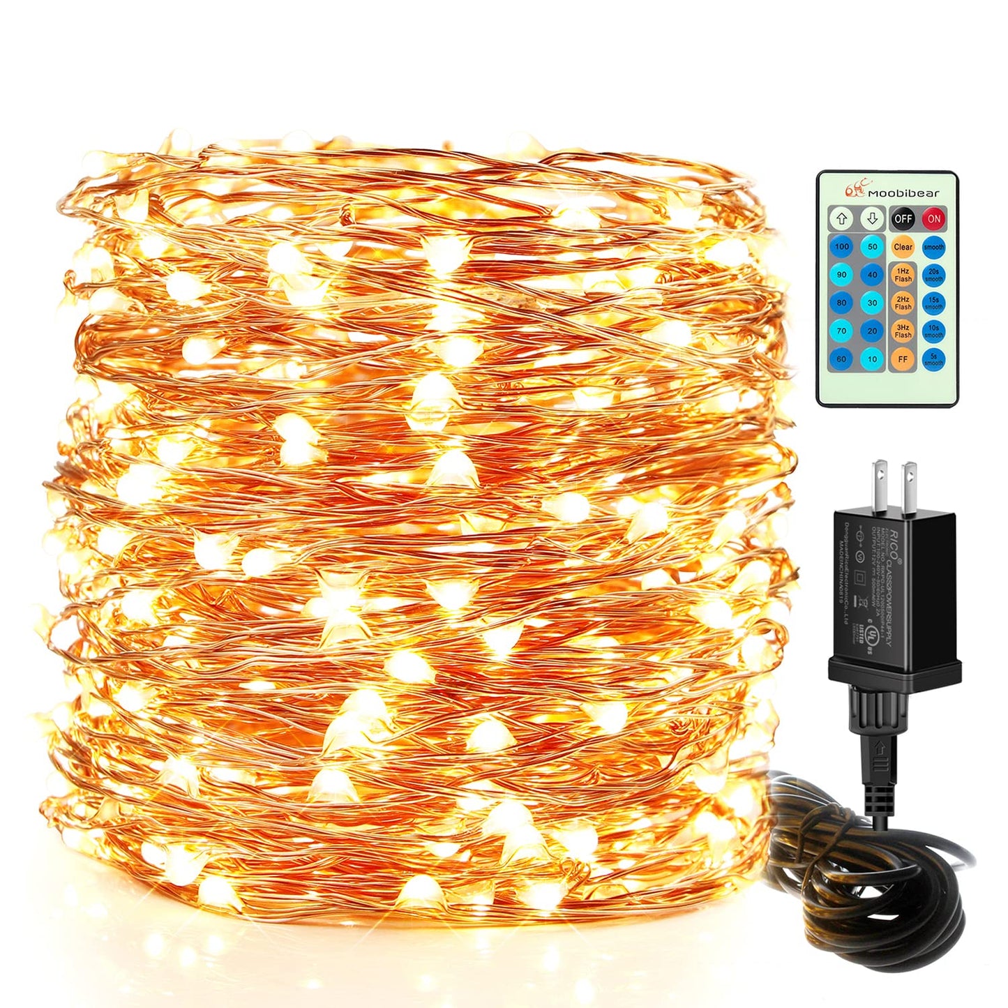 Moobibear LED String Lights 99ft 300 LEDs Warm White Copper Wire Remote Control for Outdoor Garden Party Decor
