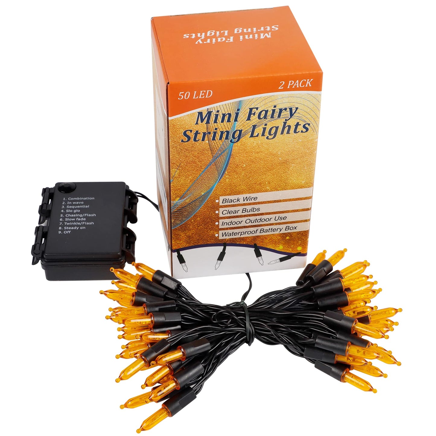Blissun Halloween Lights  50-Count Black Wire Light Set  Battery Operated Halloween Mini String Light With 8 Modes  16 Ft Fairy Lights For Halloween Tree Garden Wreath Decorations (2 Pack  Orange)