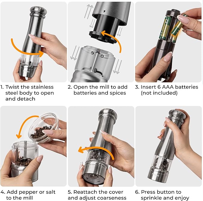 Electric Salt and Pepper Grinder Set, Automatic Battery Operated Salt and Pepper Shakers set with LED Light, Adjustable Coarseness, One Hand Operation, Refillable Grinder Set