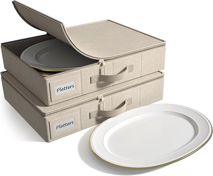 Sorbus China Storage Containers – Dinnerware Organizer for Platter Storage with Lid (Holds Service for 12) with Felt Protectors – 17" x 13" x 4" – 2 Pack