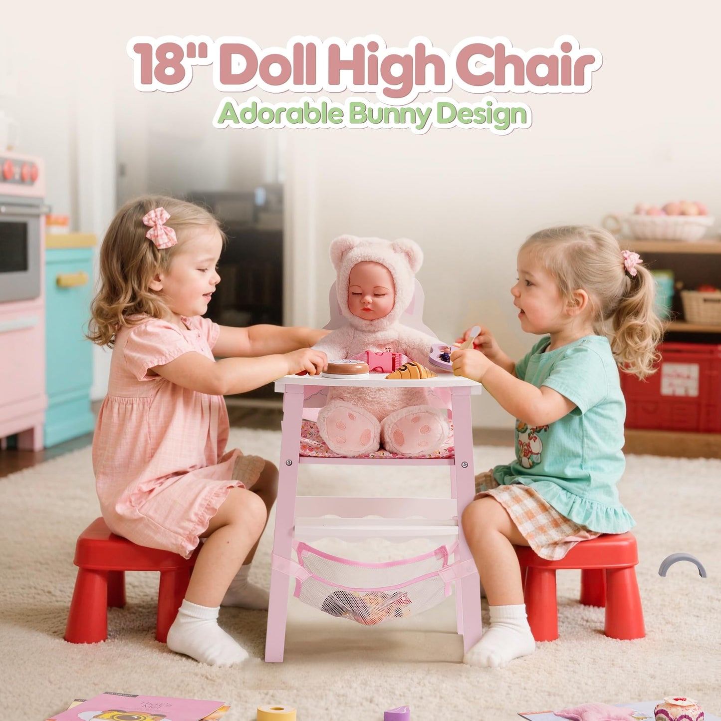 ROBOTIME Wooden Baby Doll High Chair – Pretend High Chair Toys for 18" Dolls – Doll Feeding Chair Toy with Tray – Baby Doll Furniture for Girls Ages 3+