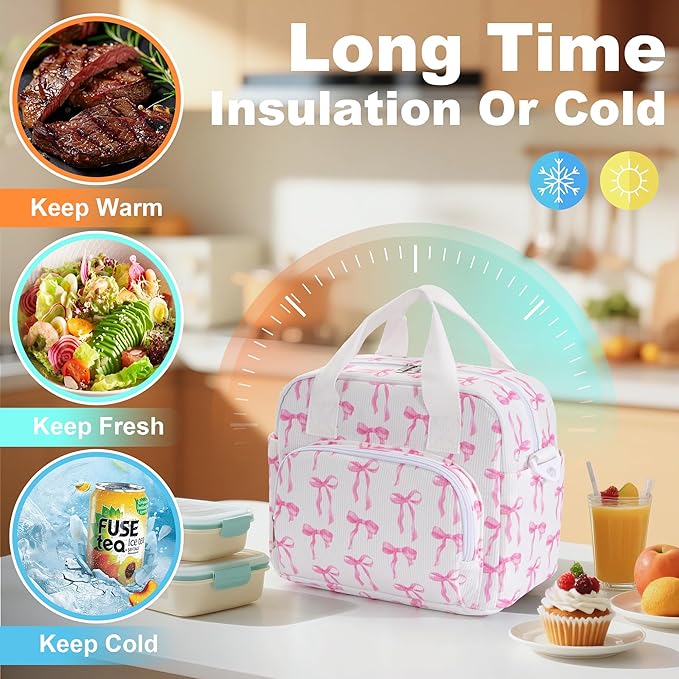 Large Lunch Bag for Women Insulated Lunch Box Reusable Cooler Bag Portable Cute Corduroy Leakproof Tote Bags for Travel, Work, and Picnic, Ribbon Bow