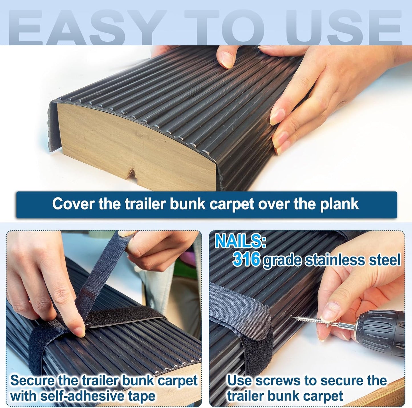 PE Waterproof Bunk Wrap Kit 24ft Roll, Boat Trailer Bunk Carpet with Install Screw and Strap, Bunk Wrap for Boat Trailers Replacement Synthetic Bunk Cover for Loading and Unloading Boats
