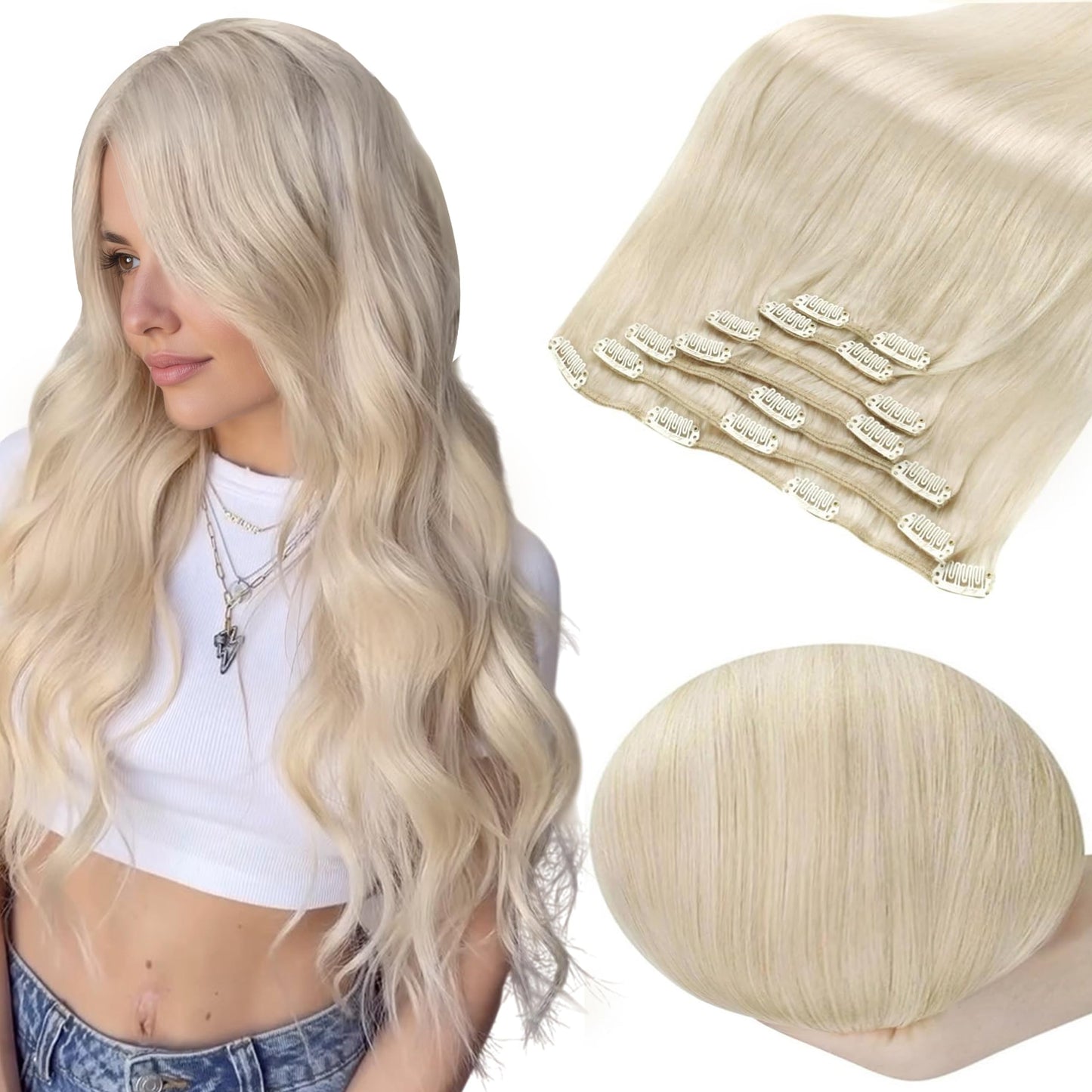 Ful Shine Platinum Blonde Hair Extensions, 22 Inch Clip in Hair Extensions Real Human Hair, Soft Silky Straight Long Hair for Wo