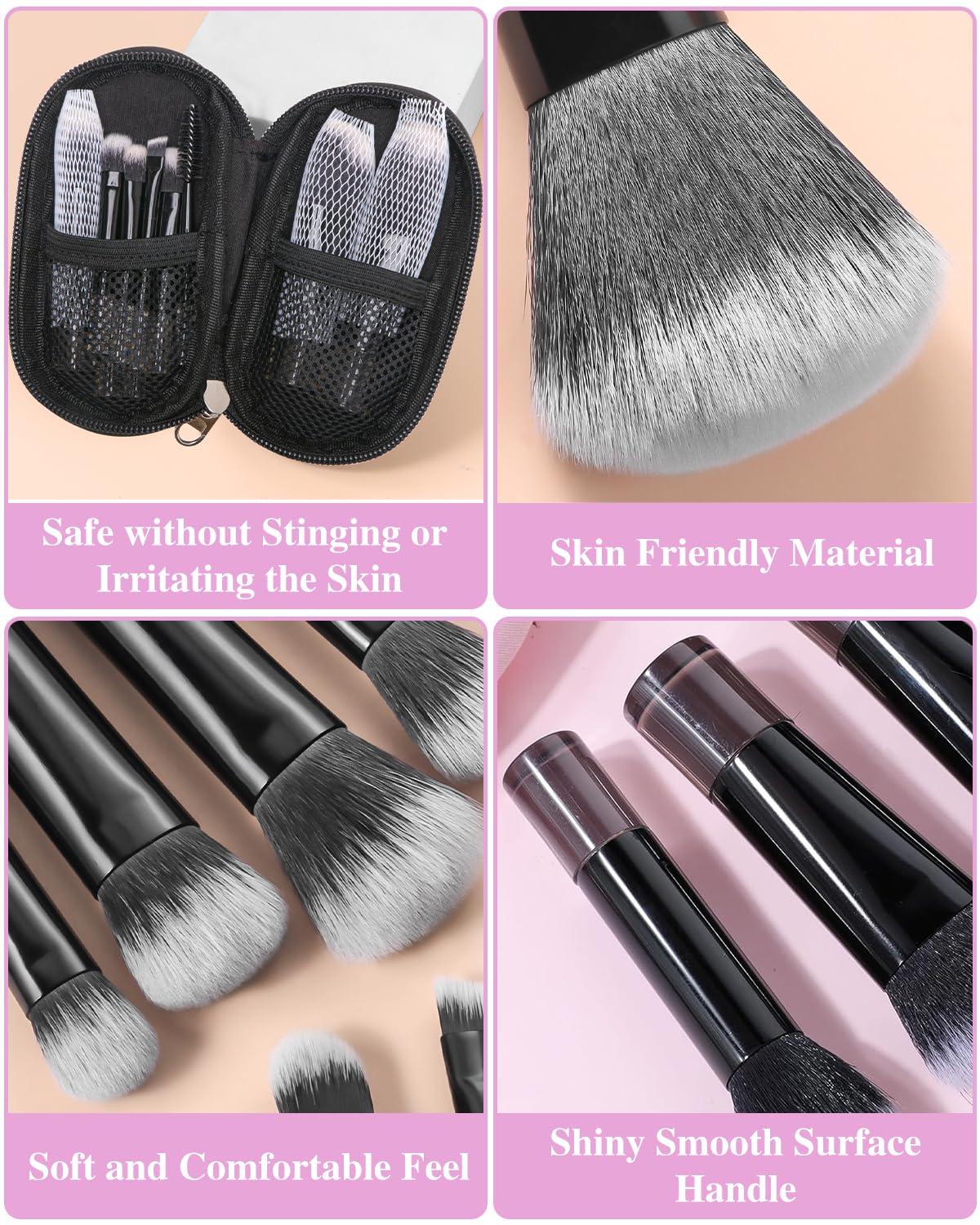 PGRODE Mini Travel Makeup Brushes Portable Set, 14 Pieces, Full Complete Function Cosmetic Kit with Brush Pouch, On the Go Short