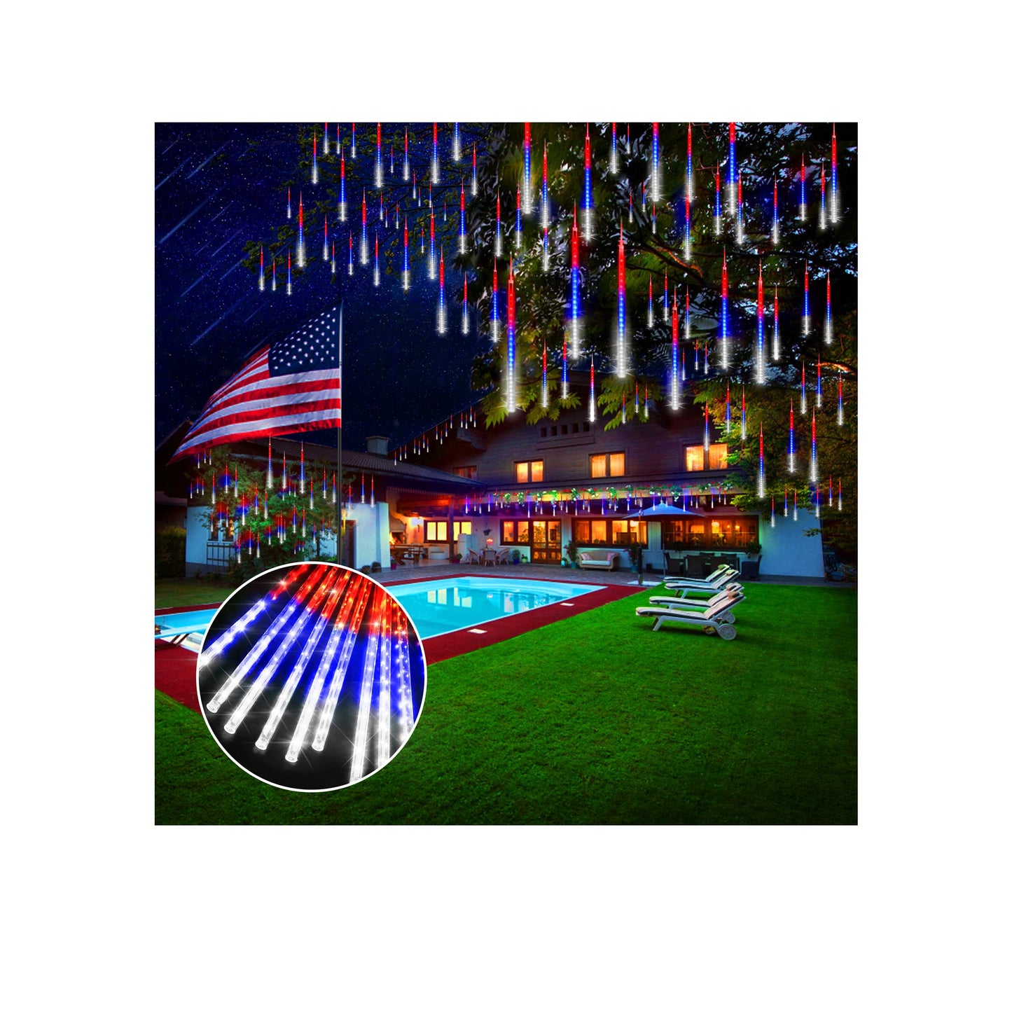 KNONEW 40 Tube LED Meteor Shower Lights, Red White Blue, Waterproof Outdoor Decor for 4th of July, Model KN-1000-LIG168-01