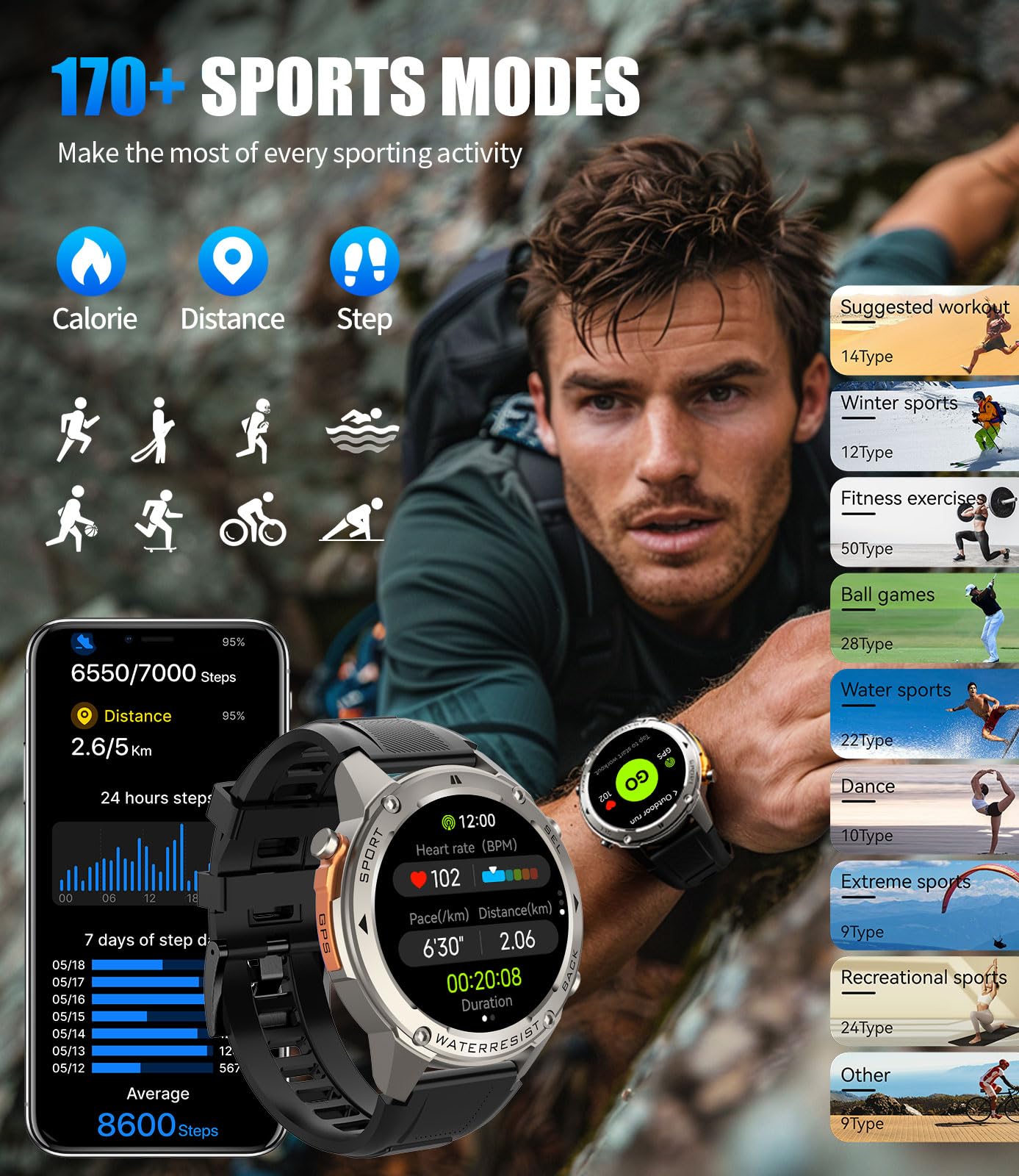 LIGE GPS Military Smart Watch for Men, Compass Rugged Smart Watches, 170+ Sport Modes Fitness Tracker Watch, 1.43'' AMOLED Smart Watches, Mens Smart Watch Android iPhone Compatible