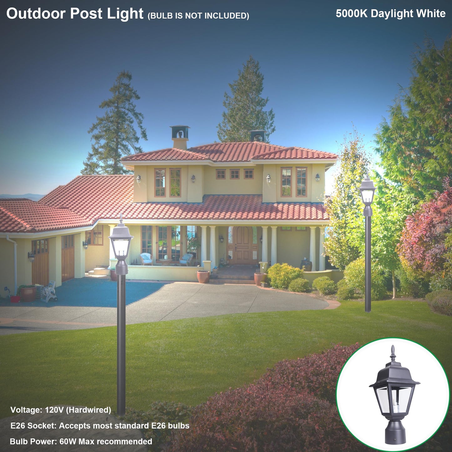 Lit-Path Outdoor Post Lantern, Aluminum, E26 Max 60W, Matte Black, 1-Pack, Model Lt-Pl003