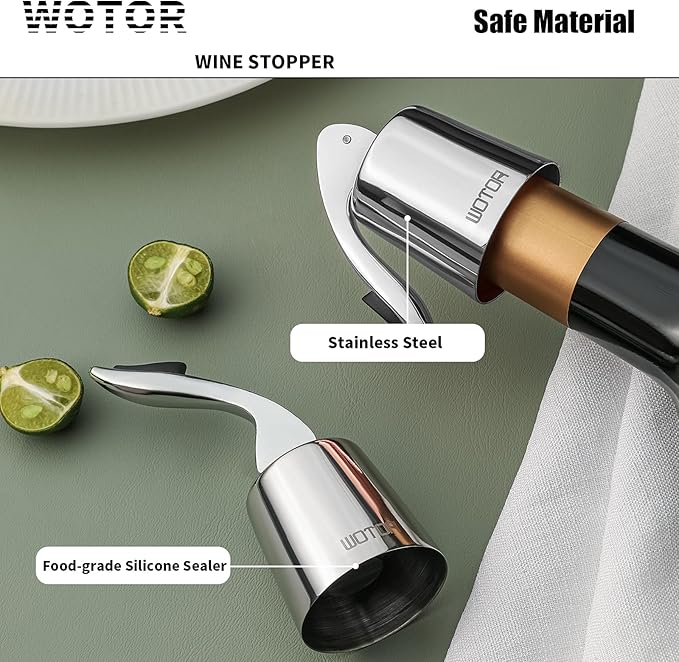 WOTOR Stainless Steel Wine Bottle Stoppers with Silicone - Reusable Wine Saver and Decorative Bottle Sealer, Leakproof, Keep Fresh, Silver, 2 Pack