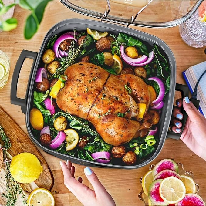 Beautiful 5-in-1 Electric Skillet 7QT, Cast Aluminum Extender, Nonstick, 1500W, Dishwasher-Safe Lid, Slow Cook, Steam. (Black Sesame)