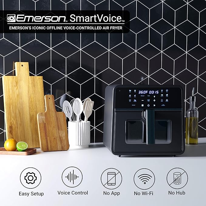 Emerson SmartVoice 10QT 6-in-1 Air Fryer, 1000+ Voice Control Commands, 100+ Recognized Food, No APP, No WIFI, No Setup, Nonstick Basket, Air Fry, Bake, Reheat, Dehydrate, 1700W