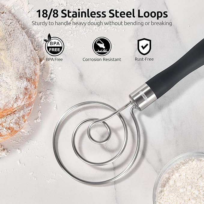 U-Taste 5.5 Inch 18/8 Stainless Steel Mesh Strainer and 12.6in Stainless Steel Danish Dough Whisk (Black)