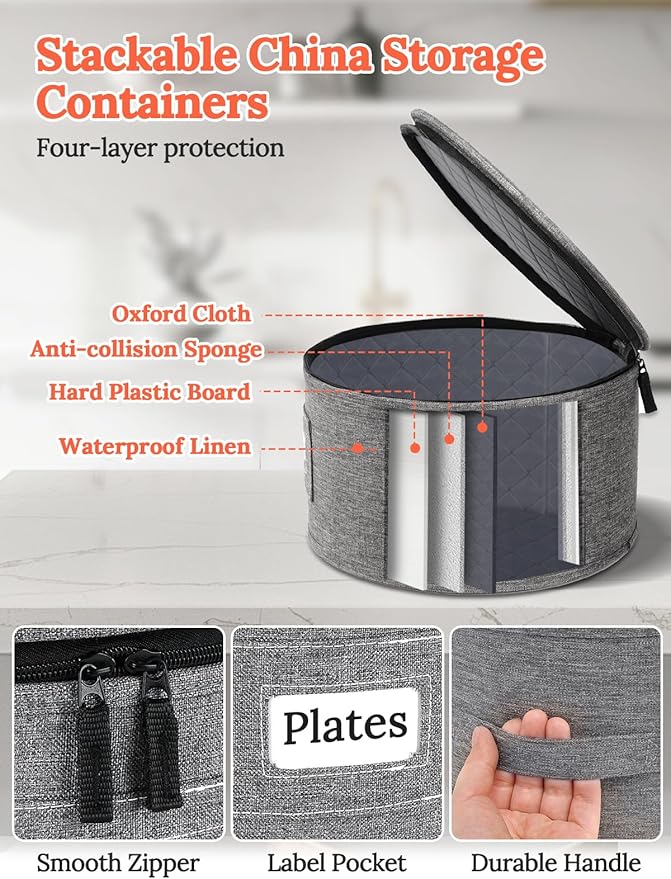 Cirhy China Storage Containers, 4 Piece Rigid-Shell Dinnerware Storage with Felt Dividers, Stackable Fine China Storage for Plates, Bowls, Glassware, Kitchen Dish Organizer for Moving