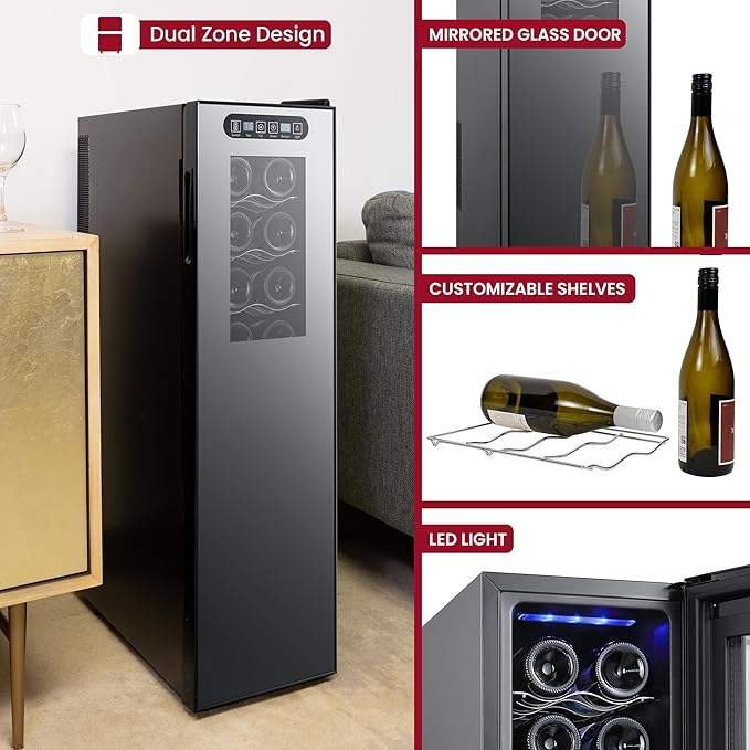 Koolatron 18 Bottle Wine Fridge – Wine Cooler with Glass Door, 1.9 cu. ft (53 L), Beverage Can Refrigerator, Digital Temperature Control/Dual Temperature Zone, Ideal for White, Red, Sparkling Wine
