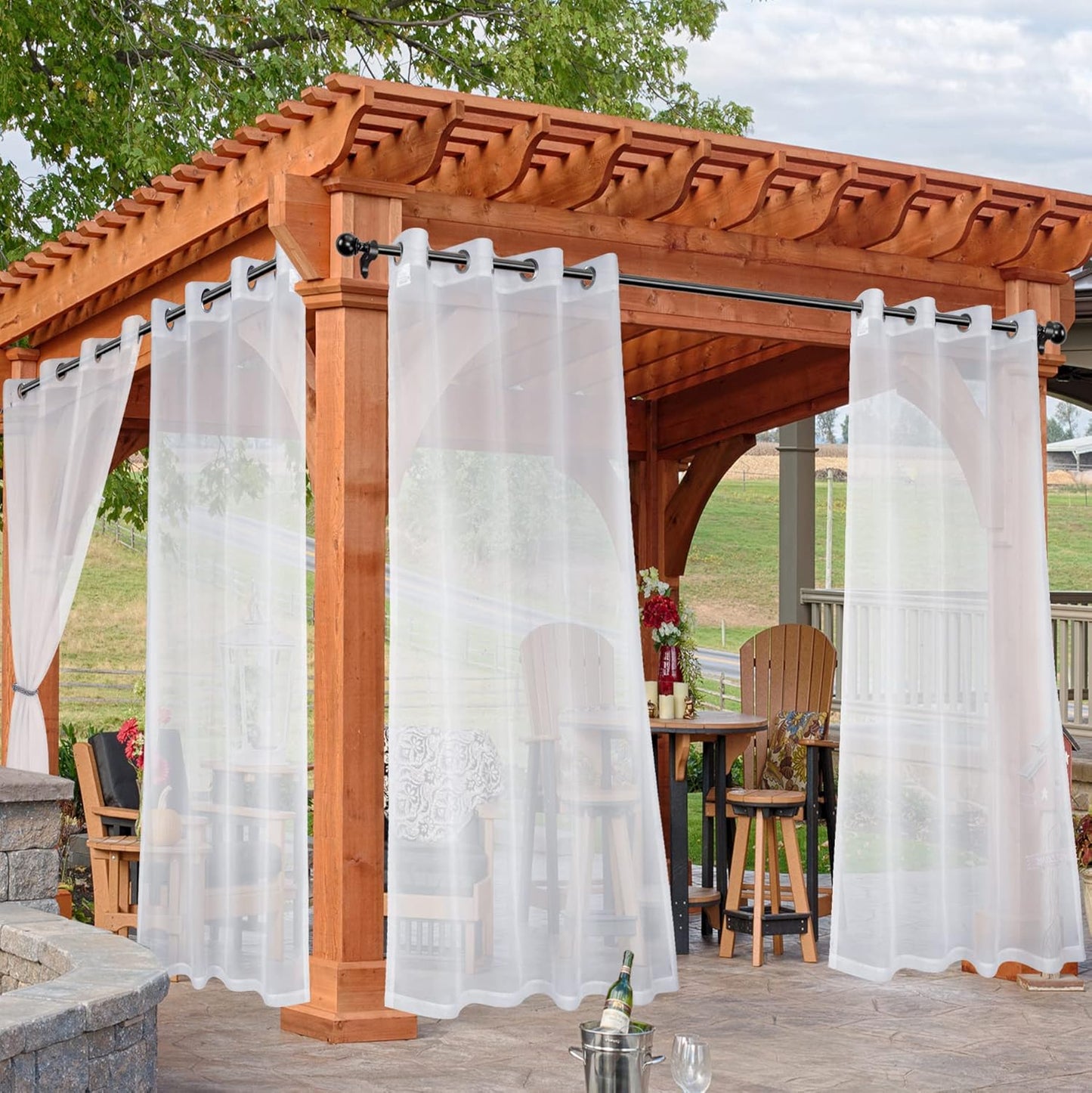 HolidayIdeas White Outdoor Sheer Curtains for Patio Waterproof, 2 Panels - 54 x 84 Inch - Light Filtering Voile Outside Curtains Grommet Drapes for Front Porch, Gazebo, Pergola, Backyard