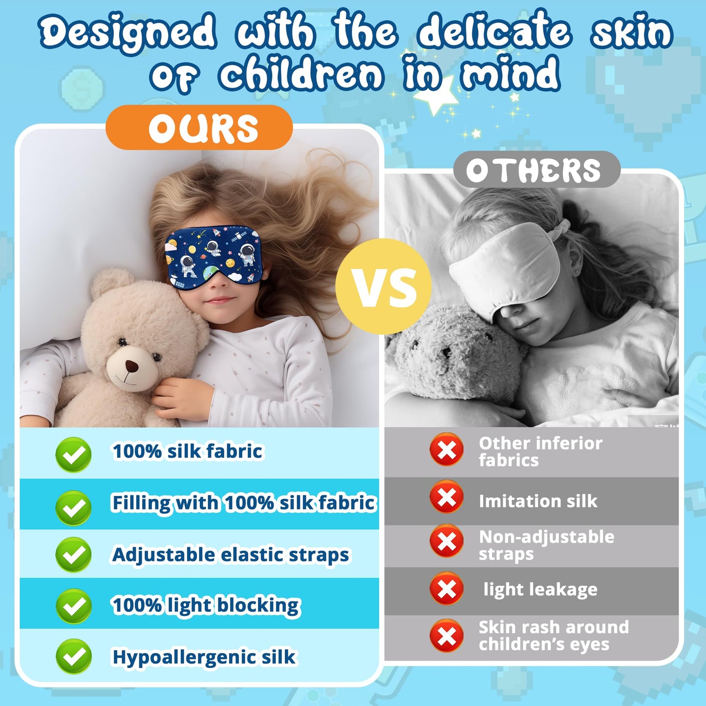 Kids Sleep Mask Eye Cover: 100% Real Natural Pure Silk Eye Mask with Adjustable Strap, Funny Blindfold Kids Eye Mask for Sleeping, Soft & Lightweight Eye Shade for Boys Girls Teens (Space Style)