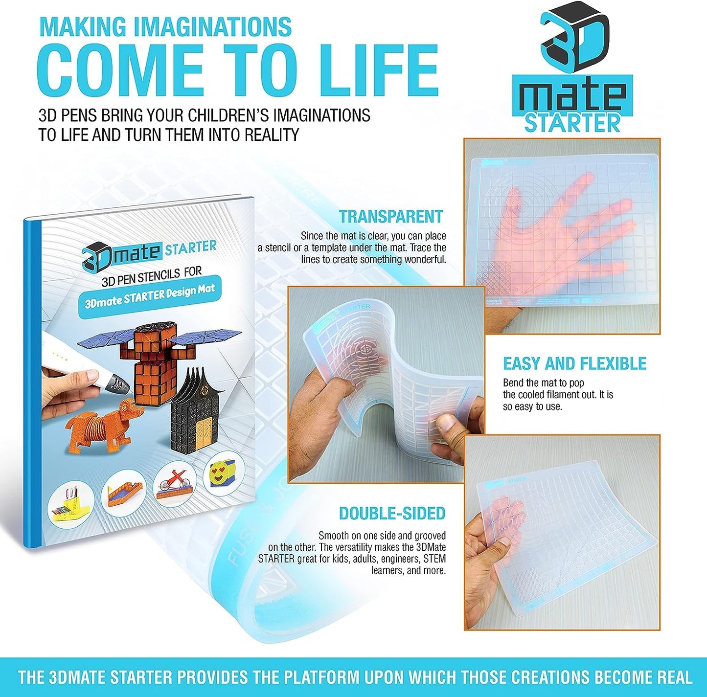 3Dmate Starter - Transparent 3D Pen Mat 9 x 7 Inches with Compatible Stencils Book - Flexible Two-Sided Heat-Resistant Silicone - 3D Pen Accessories - Templates for Kids, Adults