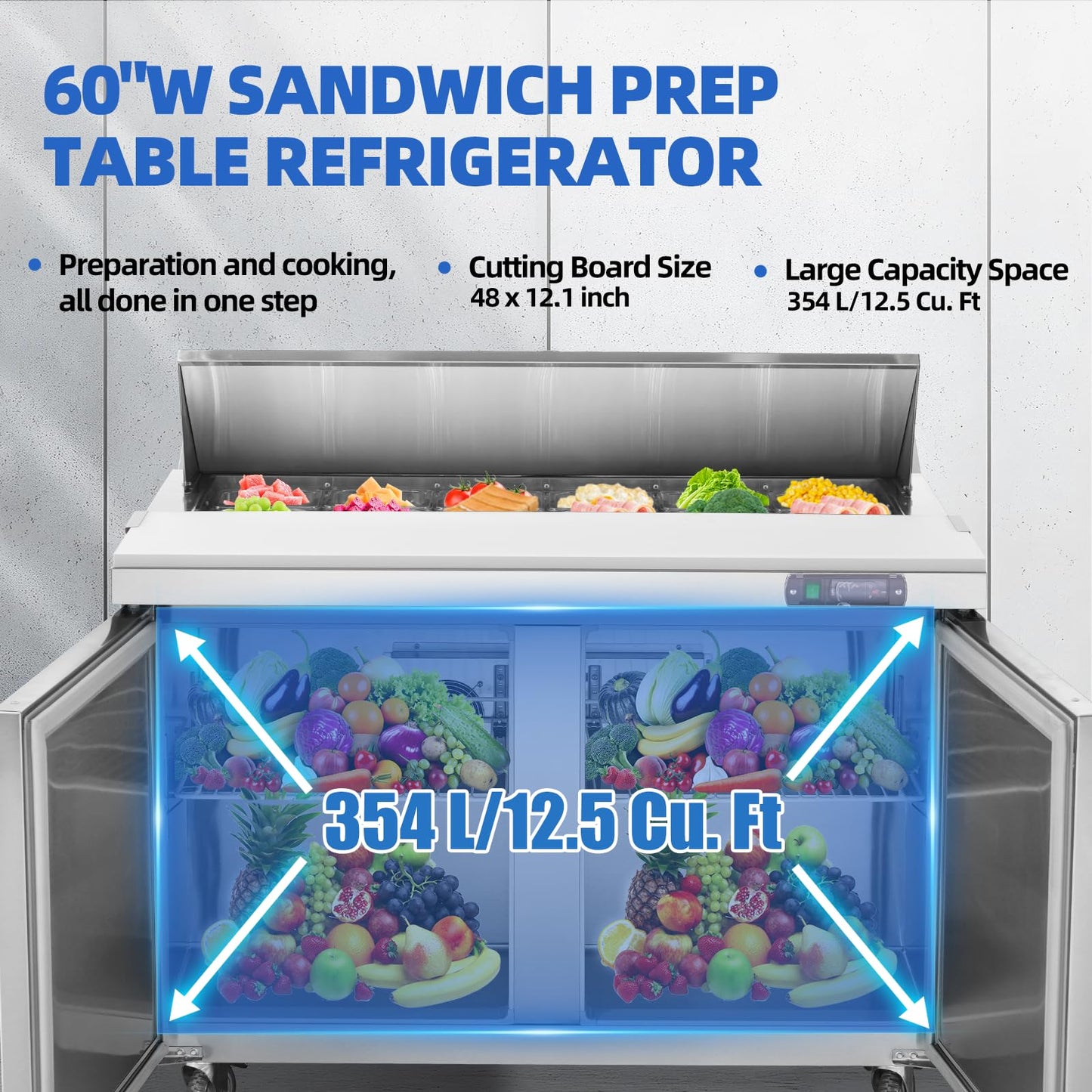 kalifon Sandwich Prep Table Refrigerator, 48" W Commercial Refrigerator Sandwich Salad Prep Table, Sandwich Prep Table with 12 Pans, Salad Bar Buffet Station For Home with 2 Shelves for Restaurant