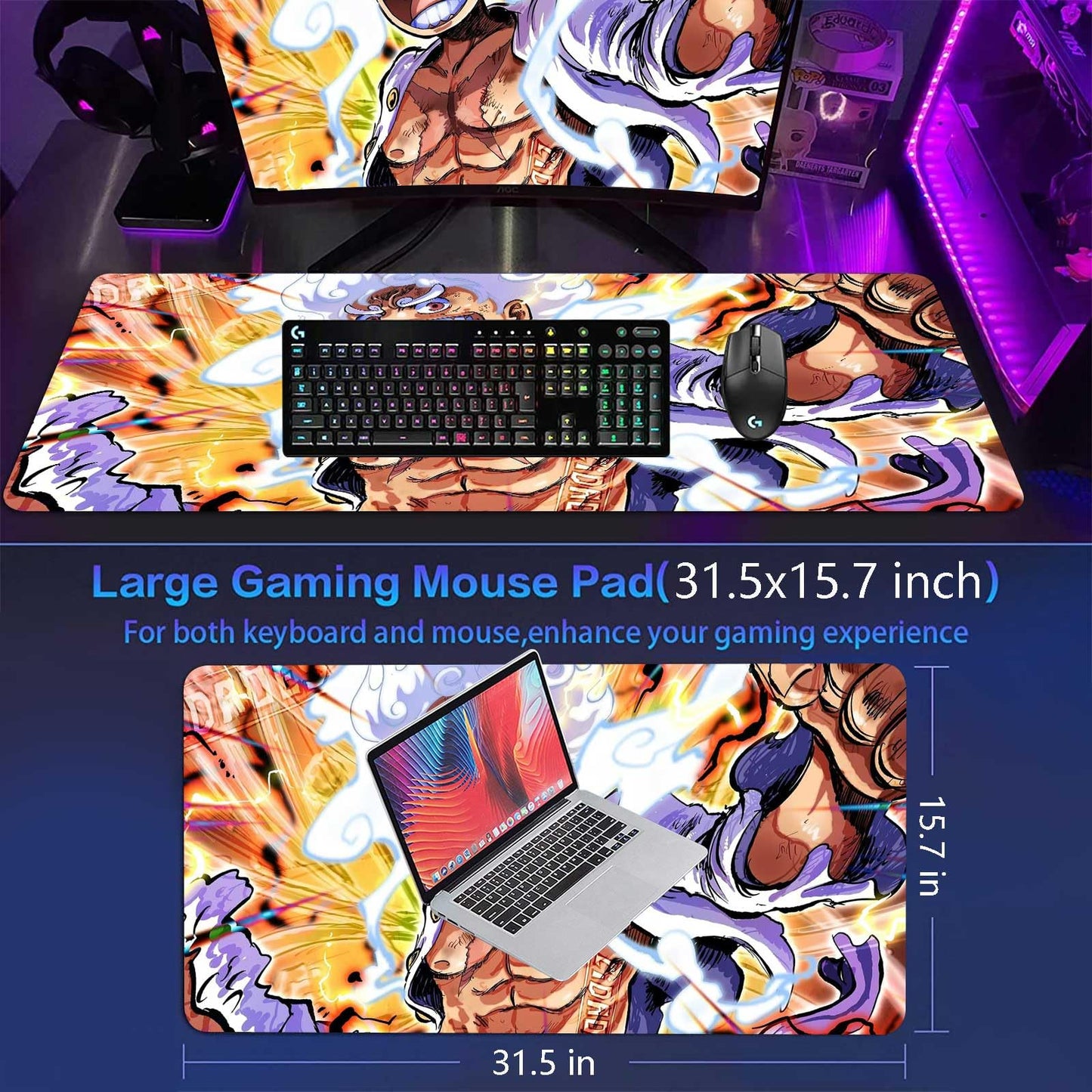 Extra Large Anime Mouse Pad Luffygear 5,Extended Large Gaming Mousepad,Non-Slip Rubber Base and Stitched Edges Desk Pad for Computer Home Office Work and Study,31.5"x15.7"