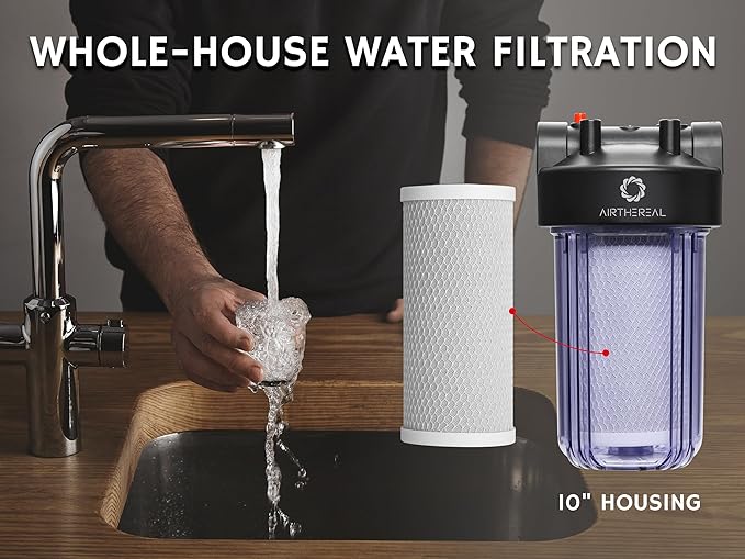 Airthereal 10" x 4.5" Whole House CTO Activated Carbon Water Filter, 5 Micron 10-inch Water Filter Replacement Cartridge for City and Well Water, 4-Pack