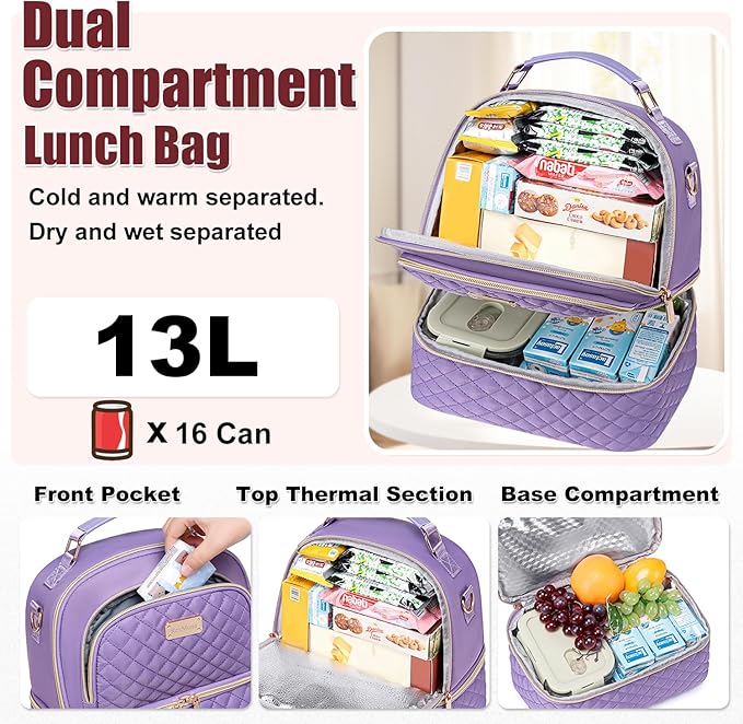 Lunch Bag for Women,Dual Compartment Lunch Box for Womens, Insulated Lunchbag Leakproof Lunch Tote Lunch Cooler Bag for Women Men,Lunchbox with Adjustable Strap for Work Picnic Beach