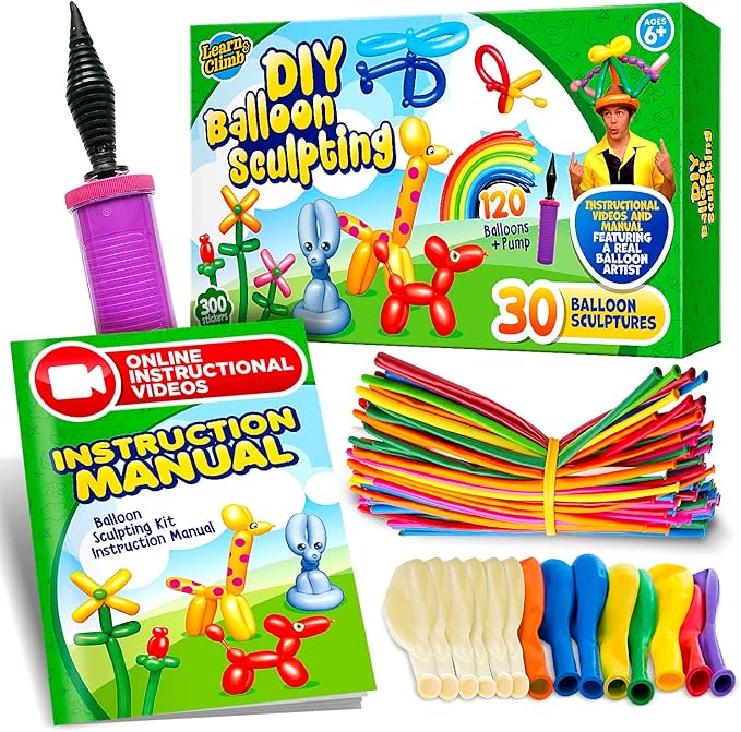 Learn & Climb DIY Balloon Animal Kit for Beginners. Fun Twisting & Modeling Activity for Party. Makes 30+ Sculptures, Pump...