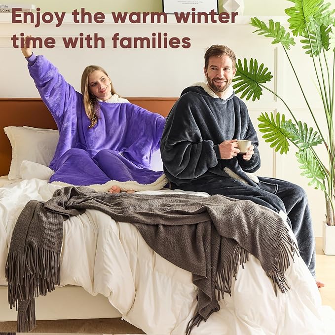 yescool Wearable Blanket Hoodie, Flannel Sherpa Fleece Blanket Sweatshirt for Adults Women Men,One Size Fits All