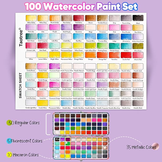 Taotree Watercolor Paint Set 100 Colors, Art Supplies Watercolors Kit Travel Water Colors with 3 Paints Brushes, Crafts Painting Supplies, Drawing Christmas Gifts for Adults Artist Drawing, Painting