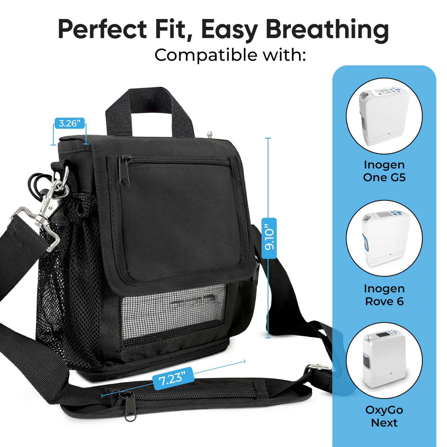 O2TOTES USA Lightweight Carry Bag for Inogen One G5 & Rove 6 - 15 oz Breathable Mesh, Multiple Pockets & Zippered Bottom for Easy Battery Access