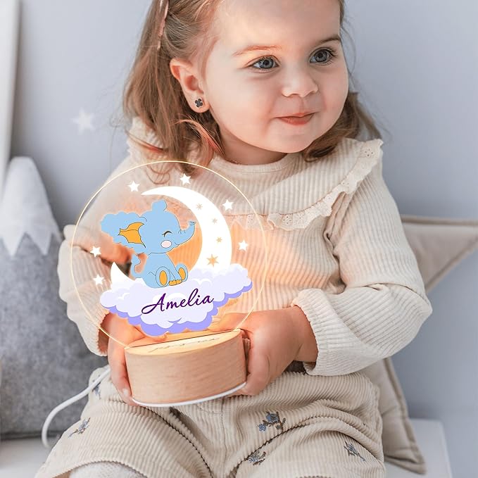 callie Acrylic Night Light Name Plate Personalized, Custom Cute Animal Dog Cat with Wooden Base Bedroom Decor, Birthday Gifts Kid Gifts for Family (Dreamy Moon Forest)