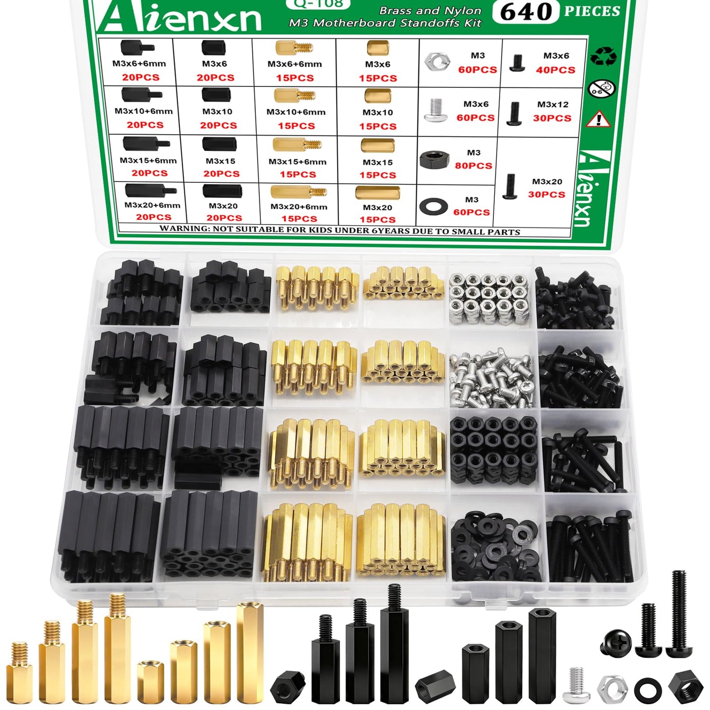 Aienxn 640PCS M3 Brass and Nylon Motherboard Standoffs Kit, Male Female Hex Spacer Standoff Screws Nuts Suitable for Circuit Board, PCB Board etc