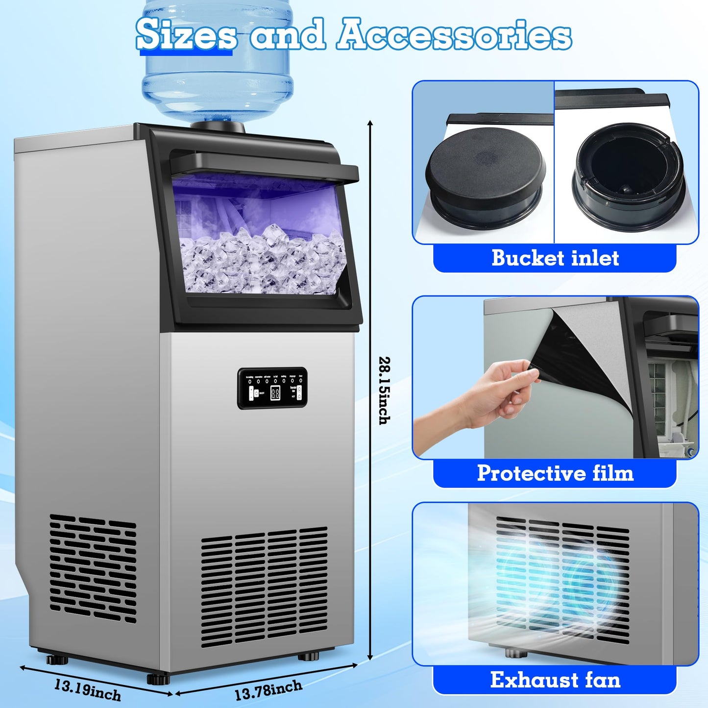 Commercial Ice Maker Machine 120lbs/24H with 22lbs Storage, Stainless Steel Freestanding Ice Machine 2 Water Inlet Modes 40Ice/Cycle, Self-Cleaning Function for Homes Restaurants Bars