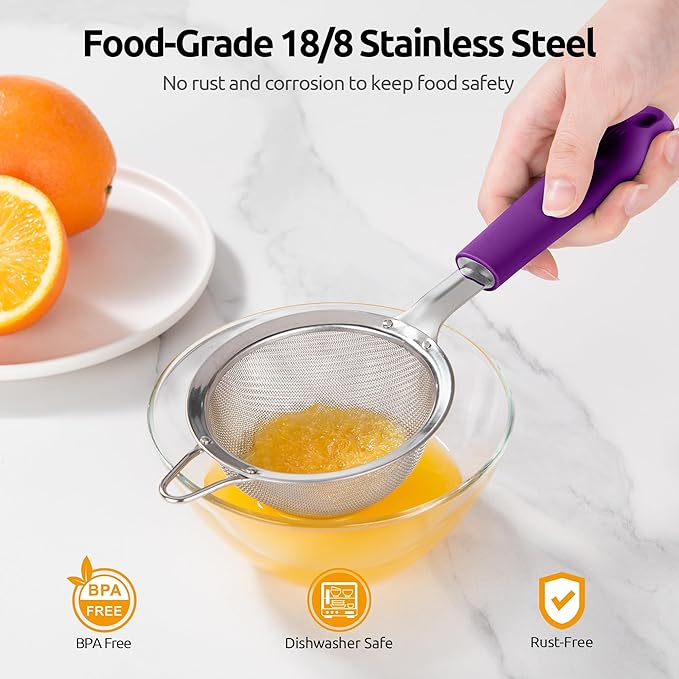 U-Taste Fine Mesh Food Strainer: 18/8 Stainless Steel 30 Mesh Kitchen Sieve with Sturdy Riveted Silicone Handle, Heavy Duty Deep Handheld Metal Colander (Small/3.35in+Medium/4.73, Purple)