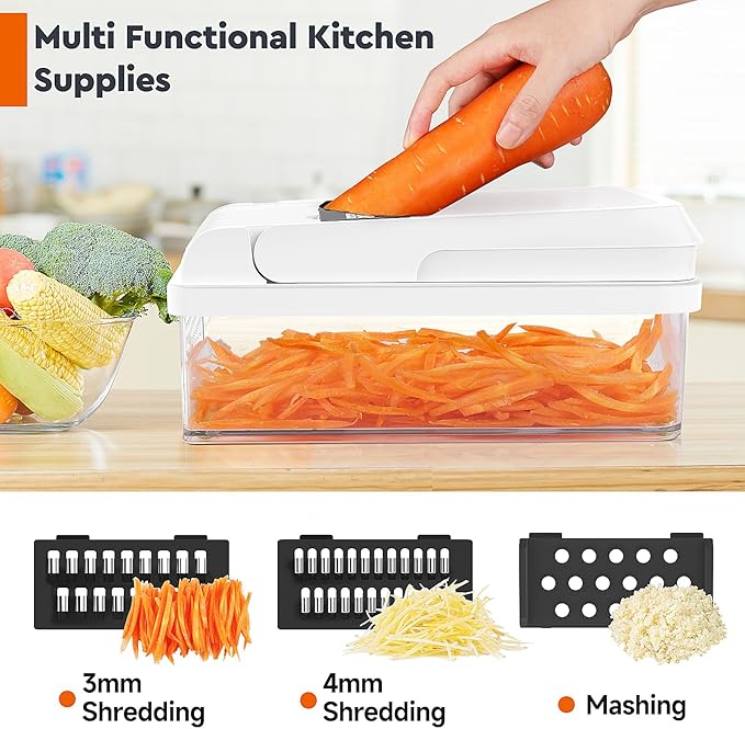 12-in-1 Vegetable Chopper, 7 Blade Veggie Chopper, Practical Food Chopper with Container, Cheese Grater, Home Essentials & Kitchen Gadgets(Black/White)