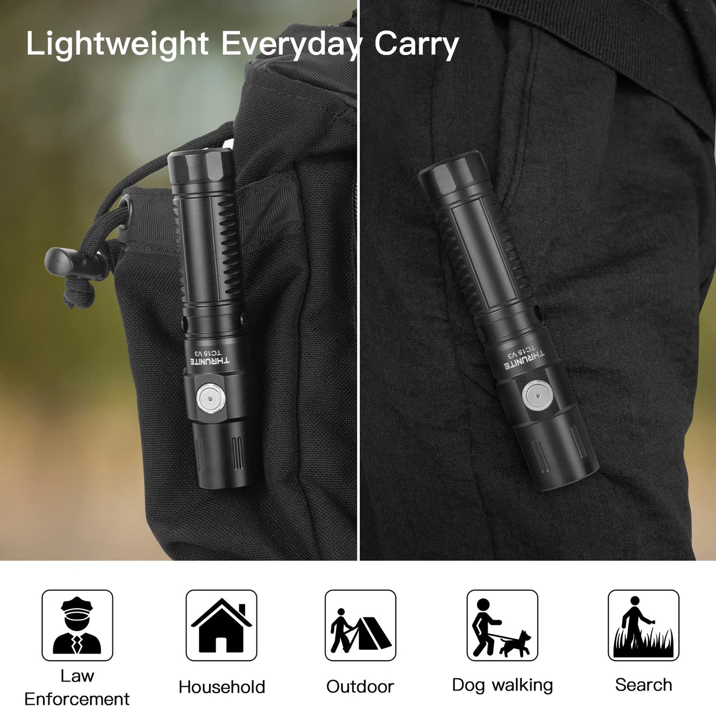 Thrunite Tc15 V3 Rechargeable Flashlight, 2403 Lumens, Pocket Size, Aluminum, Black Neutral White