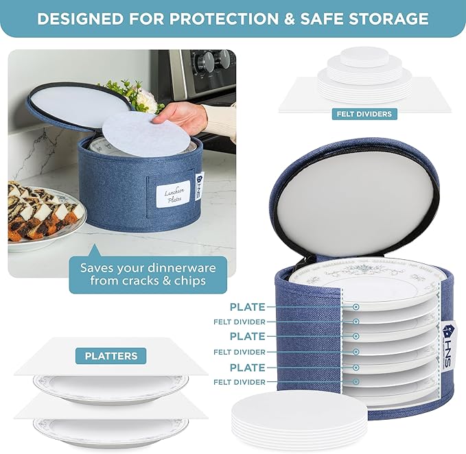 Hard Shell China Storage Containers 12-Piece Set Moving Boxes for Dinnerware, Glasses, Plates, Mugs and Saucers Sturdy Dish Organizer with Dividers for Seasonal Storage - Service for 12 - Blue