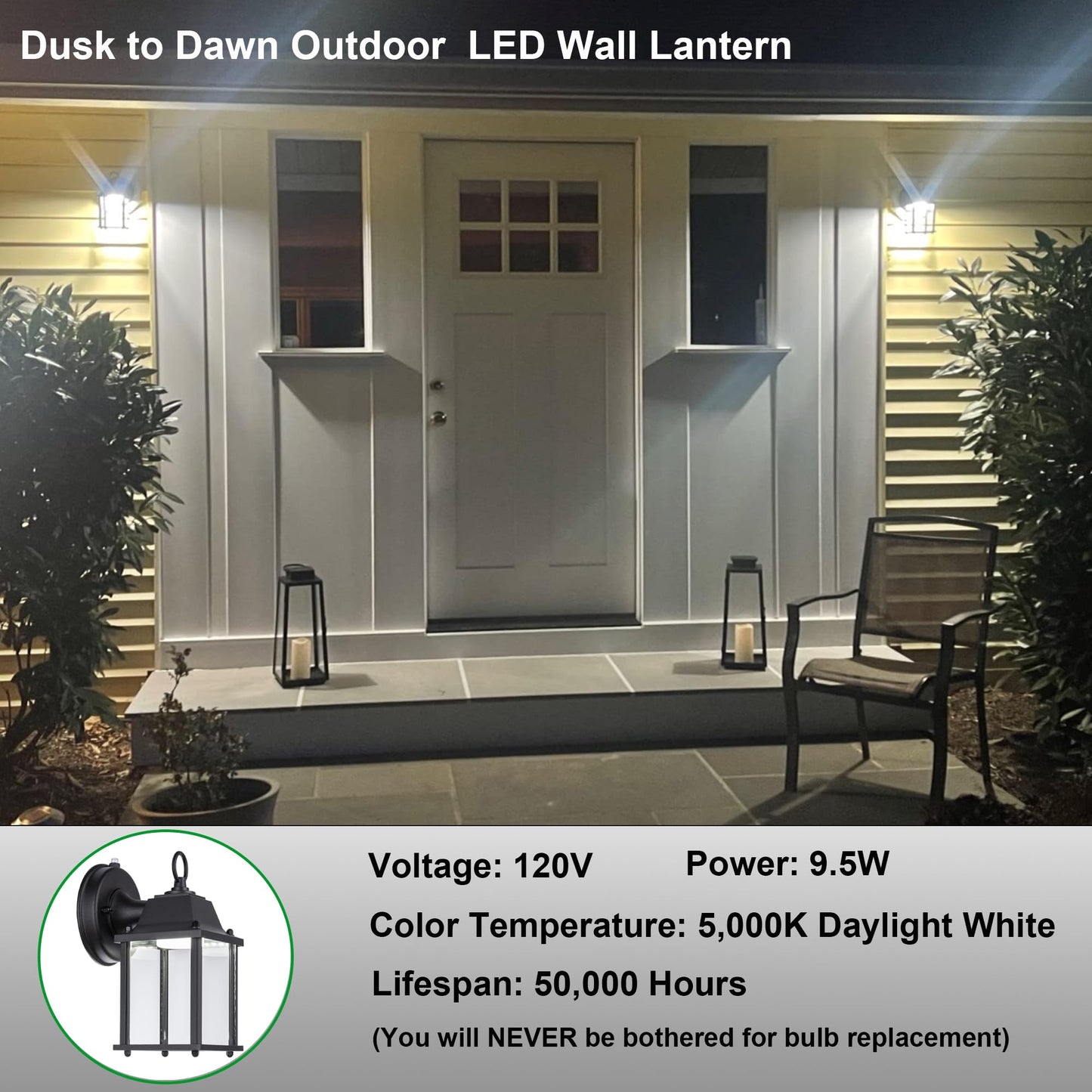LIT-PaTH Dusk to Dawn Outdoor Wall Lantern, LED Sconce, 800 Lumen, Aluminum, 2-Pack, 5000K Daylight White, Model LT-WL013