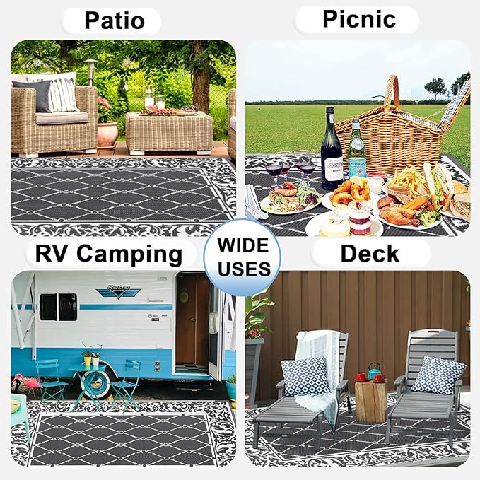OutdoorLines Indoor Outdoor Rugs for Patio 4x6 ft - Reversible Outside Carpet, Stain & UV Resistant Portable RV Mats, Plastic Straw Rug for Camping, Pool Deck, Porch Rhombus Gray & White