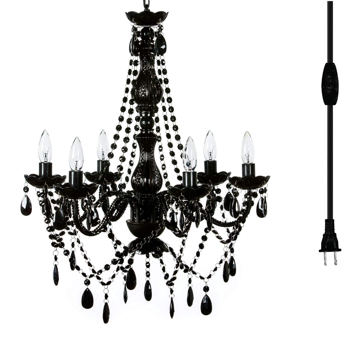 Gypsy Color 6 Light Plug-In Swag Chandelier, Black Metal Frame, Glass Stem, Acrylic Crystals, Model Gylgbkp, H26”Xw22”